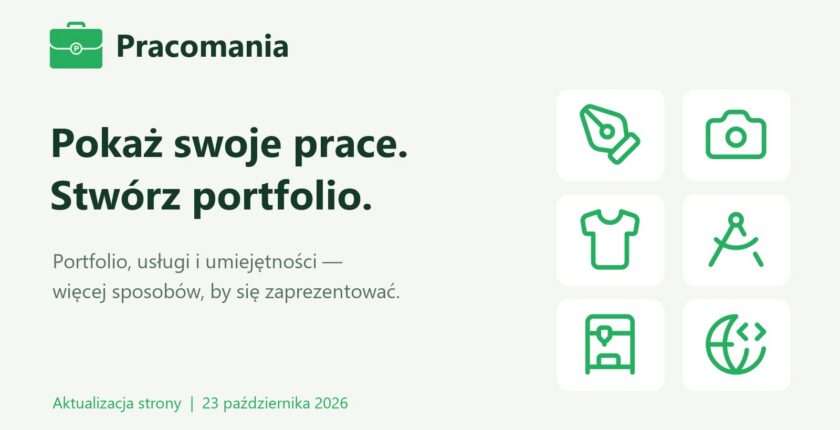Pokaż swoje prace. Stwórz portfolio. Polska okładka aktualizacji Pracomania z zielonymi ikonami kategorii.