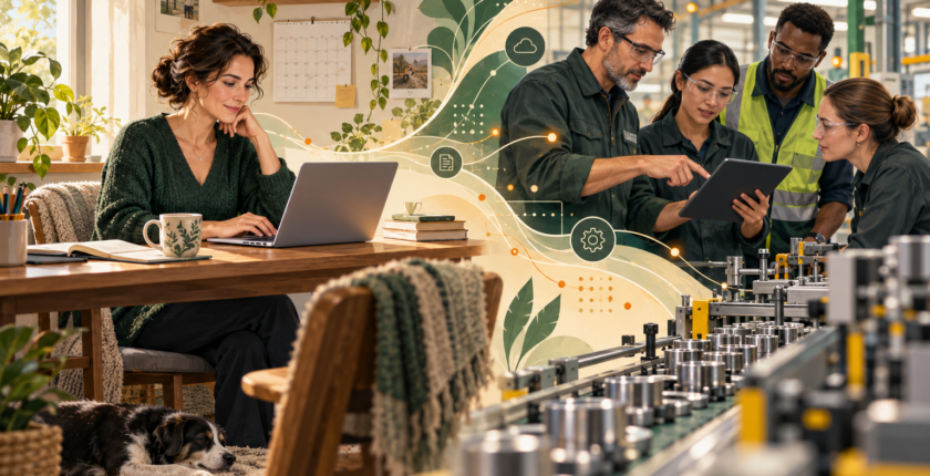AI-generated illustration of a fictional woman working from home and a team using a tablet on a factory floor.