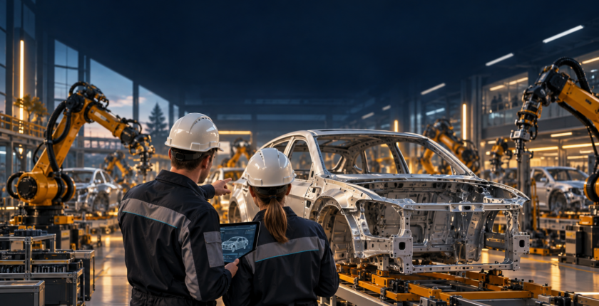 AI-generated conceptual illustration of two workers in an automotive assembly hall; not an actual Volkswagen plant.