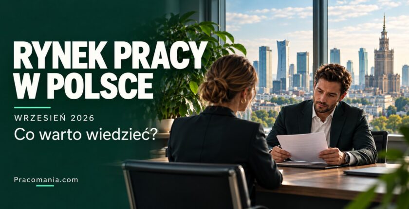 AI-generated wide illustration of a recruitment conversation with the Warsaw skyline. Polish poster text: Rynek pracy w Polsce. Wrzesień 2026. Co warto wiedzieć? Pracomania.com.
